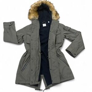 S13 Olive green parka jacket zip up with faux fur hood with multi pocket